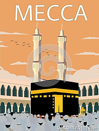Mecca Saudi Arabia travel poster with Great mosque (al -Masjid Al haram) illustration Cartoon Illustration