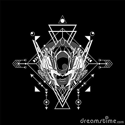 Mecha Head Illustration with sacred geometry on black background Vector Illustration