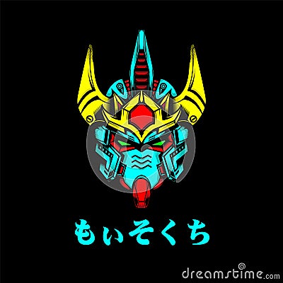 Mecha Head with japanese text and neon color, can use for mascot logo, gaming logo, tshirt and more Vector Illustration
