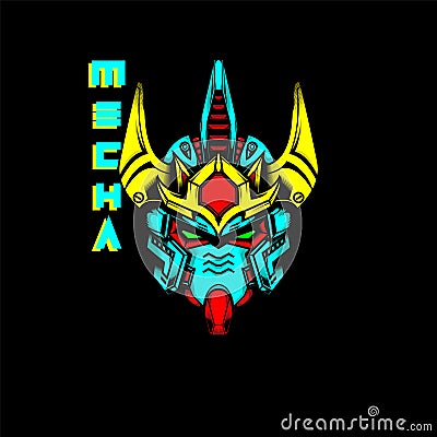 Mecha Head with text and neon color, can use for mascot logo, gaming logo, tshirt and more Vector Illustration