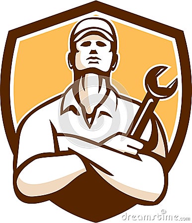 Mechanic Arms Crossed Wrench Shield Retro Vector Illustration