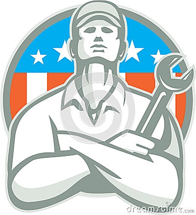 Mechanic Arms Crossed Wrench USA Flag Retro Stock Photo