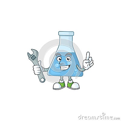 A mechanic blue chemical bottle mascot character fix a broken machine Vector Illustration