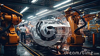 A mechanic in a car factory is installing engines for cars on the production line inside the factory Stock Photo