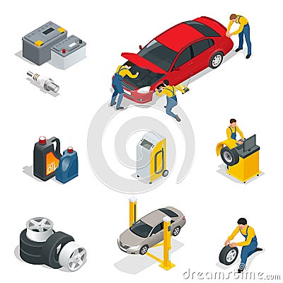 Mechanic and Car Repair, Battery, Spark plugs, Oil, Tires, Wheels elements. Flat 3d isometric illustration Vector Illustration