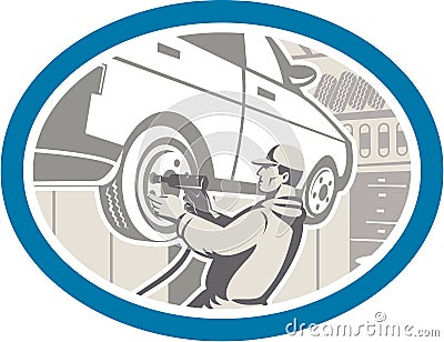 Mechanic Changing Car Tire Repair Retro Vector Illustration
