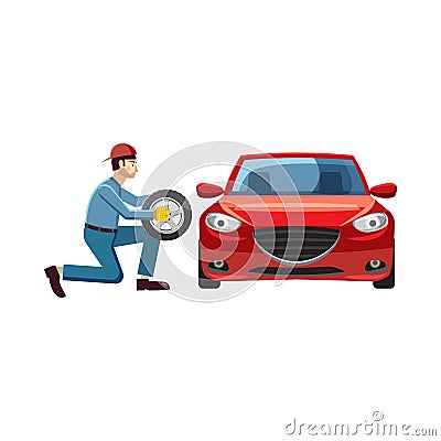 Mechanic changing wheel on red car icon Vector Illustration