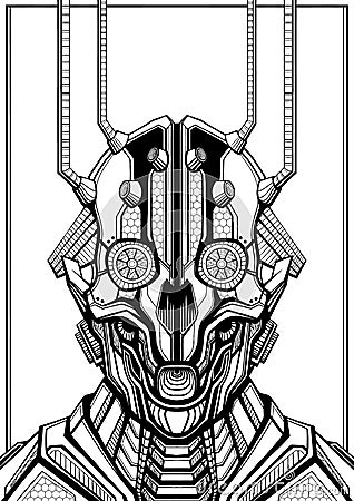 Mechanic character close-up, droid in armor with connected wires, horror face of cyborg with big eyes, robot Vector Illustration