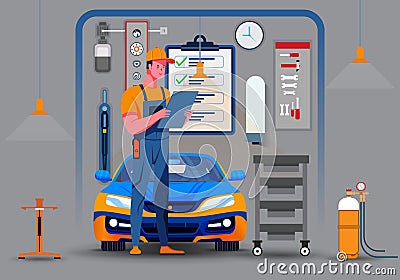 Mechanic Checking Insurance of a Car on a Clipboard in the Garage Vector Illustration