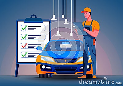 Mechanic Checking the List of a Car on a Clipboard, Big Clipboard behind Vector Illustration