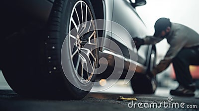 Mechanic checking tire tread depth and wear using a tire gauge, generative ai Stock Photo