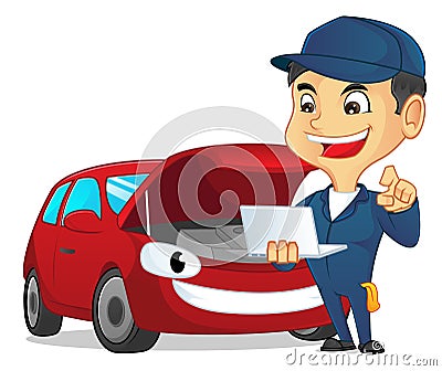 Mechanic collecting data with laptop Vector Illustration