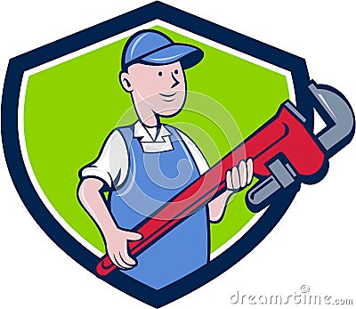 Mechanic Cradling Pipe Wrench Crest Cartoon Vector Illustration