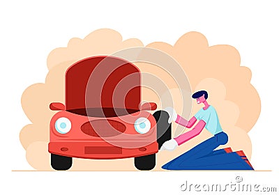 Mechanic or Driver in White Gloves Stand on Knees near Broken Car with Open Hood Holding Spare Wheel in Hands, Checking Vector Illustration