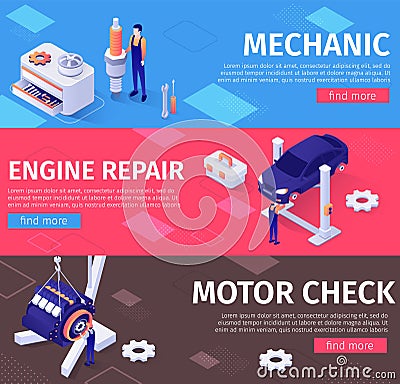 Mechanic, Engine Repair and Check Service Banners Vector Illustration