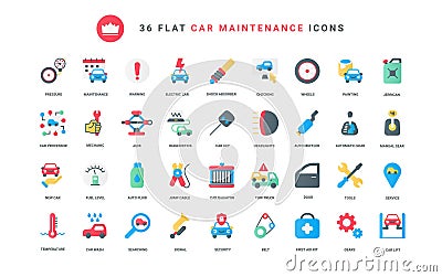 Mechanic equipment, maintenance and repair car service, auto shop trendy flat color icons set. Vector Illustration