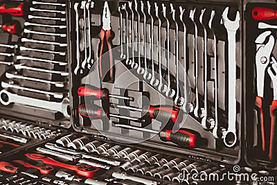 Mechanic essential instruments wrench tools Stock Photo