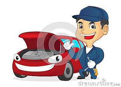 Mechanic fixing car and holding tools Vector Illustration