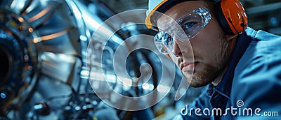 Mechanic Fixing Turbine While Engineer Watches Closely During Aircraft Maintenance Stock Photo