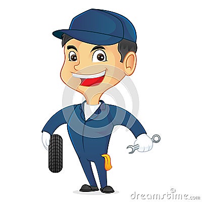 Mechanic holding tire and tool Vector Illustration