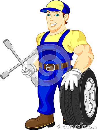 Mechanic holding a wheel Vector Illustration