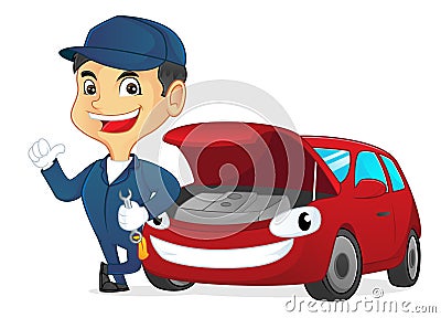 Mechanic holding wrench leaning on car Vector Illustration