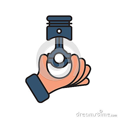 A mechanic holds an engine piston in hand. Spare cars. Engine parts. Vector Illustration