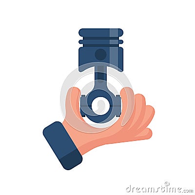 A mechanic holds an engine piston in hand. Spare cars. Vector Illustration