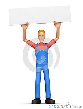 Mechanic holds over a banner Stock Photo