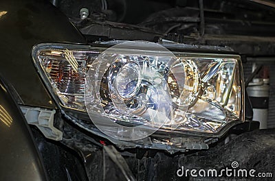 The mechanic installs the BI-LED lens in the headlight housing. Stock Photo