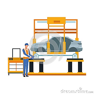 Mechanic lifting a car on the machine icon, colorful design Vector Illustration