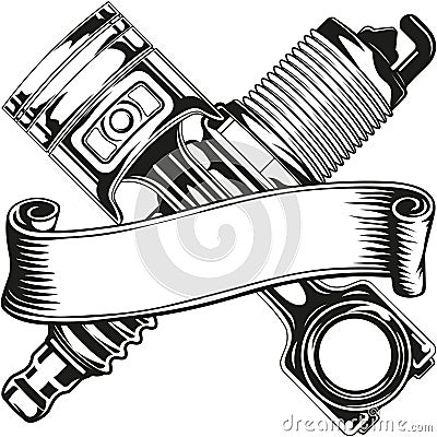 Mechanic logo with spark plug and piston Stock Photo