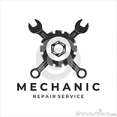 mechanic logo vintage vector illustration template icon label design. wrench gear bolt logo for professional engineer concept Vector Illustration
