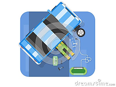 Mechanic Lying Down Under Auto, Repairs Car in the Garage Vector Illustration