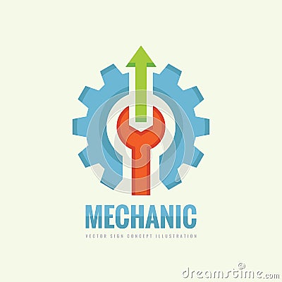 Mechanic machine - vector business logo template concept illustration. Gear factory sign. Cog wheel, wrench and arrows technology Vector Illustration