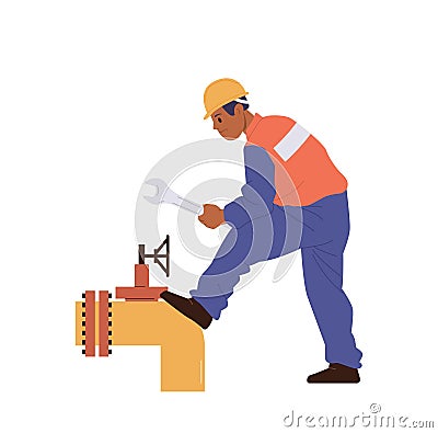Mechanic male worker cartoon character repairing pipeline with wrench isolated on white background Vector Illustration