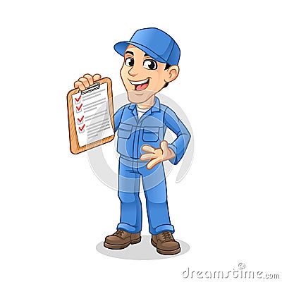 Mechanic Man Holding Clipboard with Welcome Hand in The Other Hand Vector Illustration