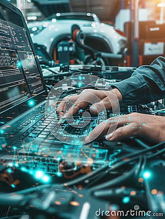 A mechanic performs a computer diagnosis on a vehicle while working on engine repairs in a busy workshop. Generative AI Stock Photo