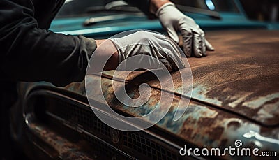 Mechanic polishing car bodywork with metal work tool outdoors generated by AI Stock Photo