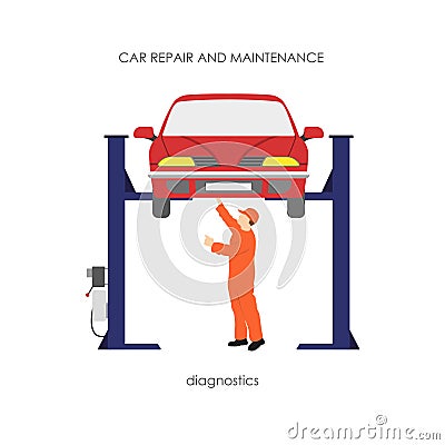Mechanic produces vehicle diagnostics. The car on the lifting ra Vector Illustration