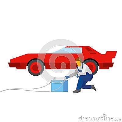 Mechanic recharge battery for red sport auto Vector Illustration