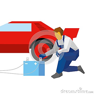 Mechanic recharge battery for red sport auto Vector Illustration