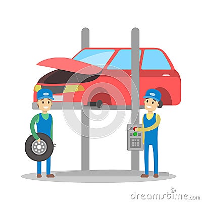 Mechanic repair red car on the lift Vector Illustration