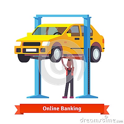 Mechanic repairing a car lifted on auto hoist Vector Illustration