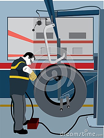 Mechanic repairing a tire Vector Illustration