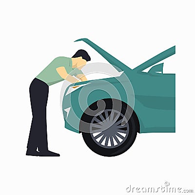 Mechanic repairs a car, flat design vector illustration. Car service Vector Illustration