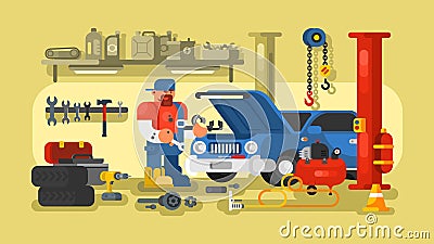 Mechanic Repairs Car in the Garage Vector Illustration