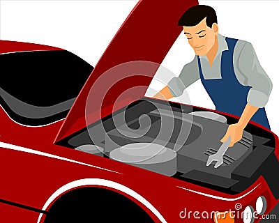 Mechanic repairs motor Vector Illustration