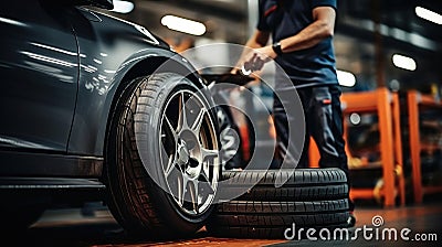 Mechanic service Changing Tires and Wheels with Professional Service. Generative AI Stock Photo