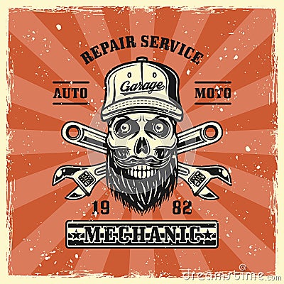 Mechanic skull in cap, adjustable wrenches emblem Vector Illustration